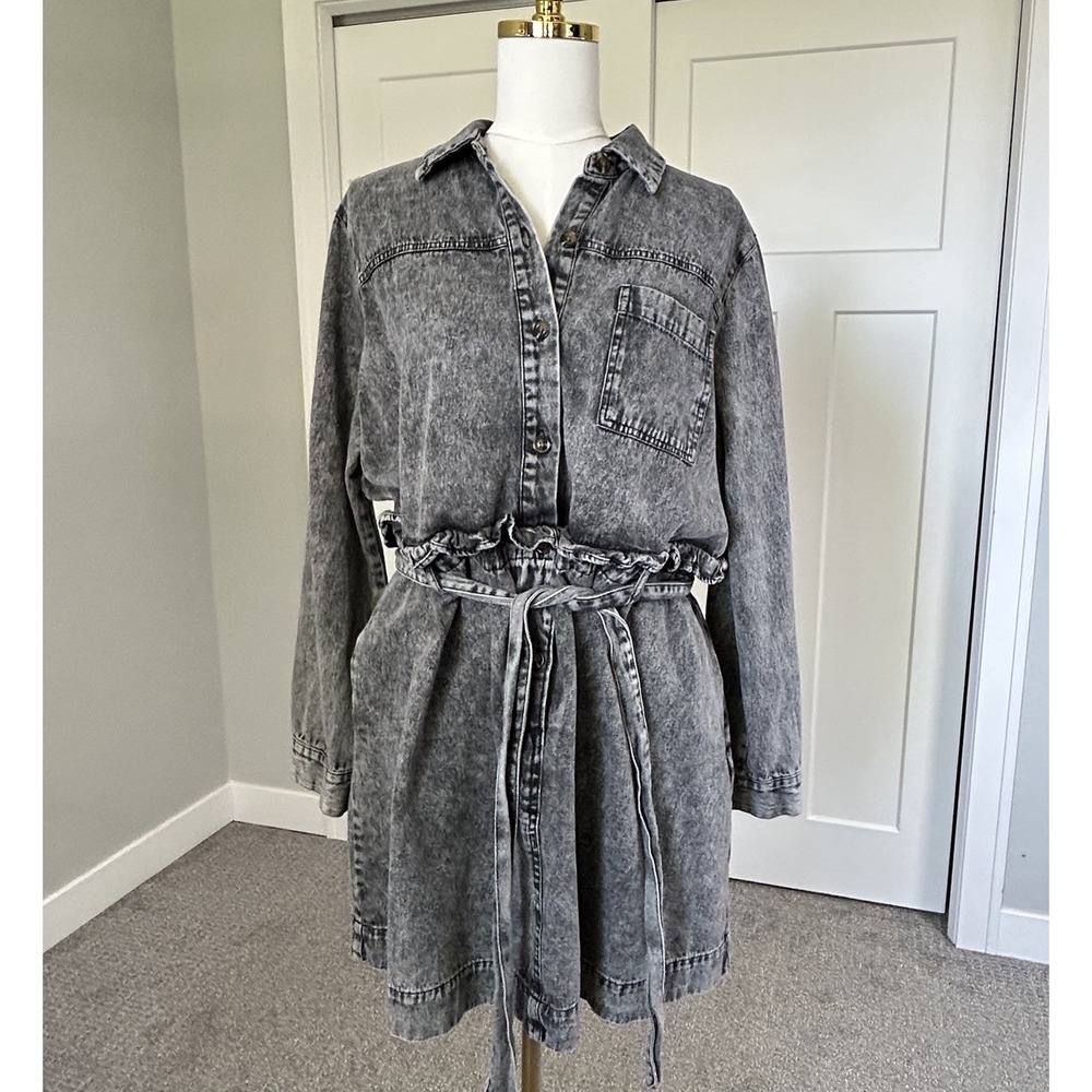 Who What Wear Denim Shirt Dress Womens XL Gray Acid Wash Belted Paperba